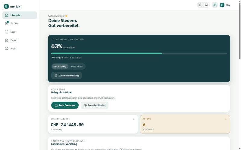 me_tax am Desktop: Übersicht mit Seitenleiste